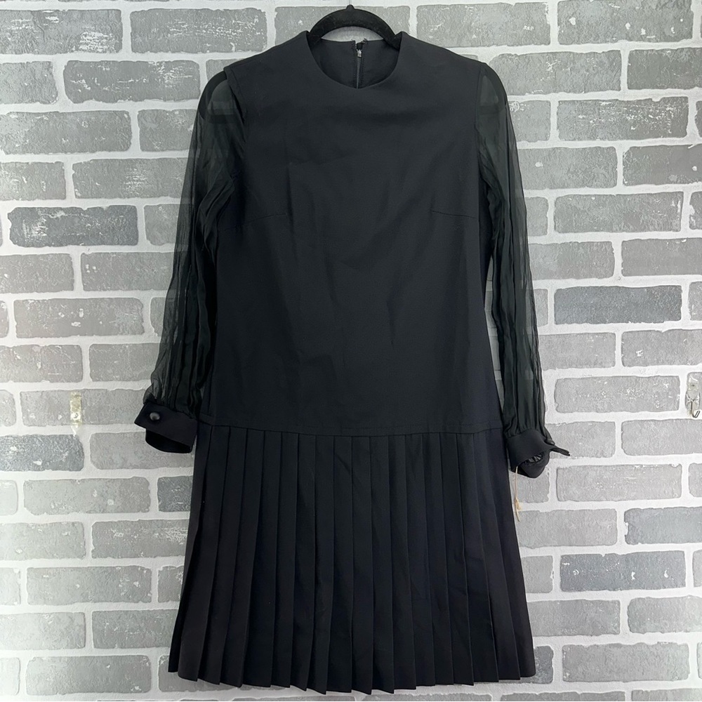 Vintage Vicky Vaughn Black Sheer Sleeves‎ Retro Pleated Midi Dress Size 11 NEW